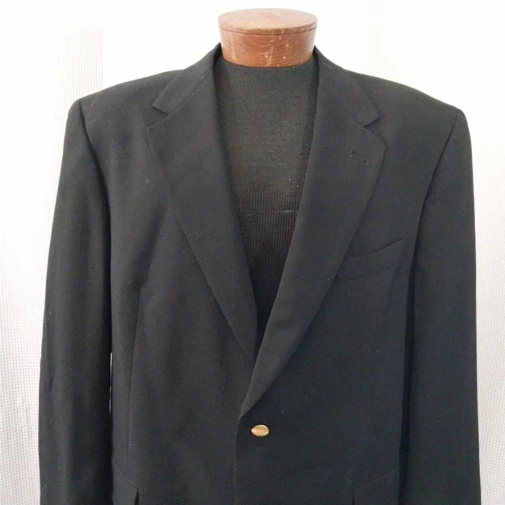 AUSTIN REED! STUNNING BLACK FINE WOOL, GOLD BUTTON CLUB BLAZER, JACKET! SZ 46R