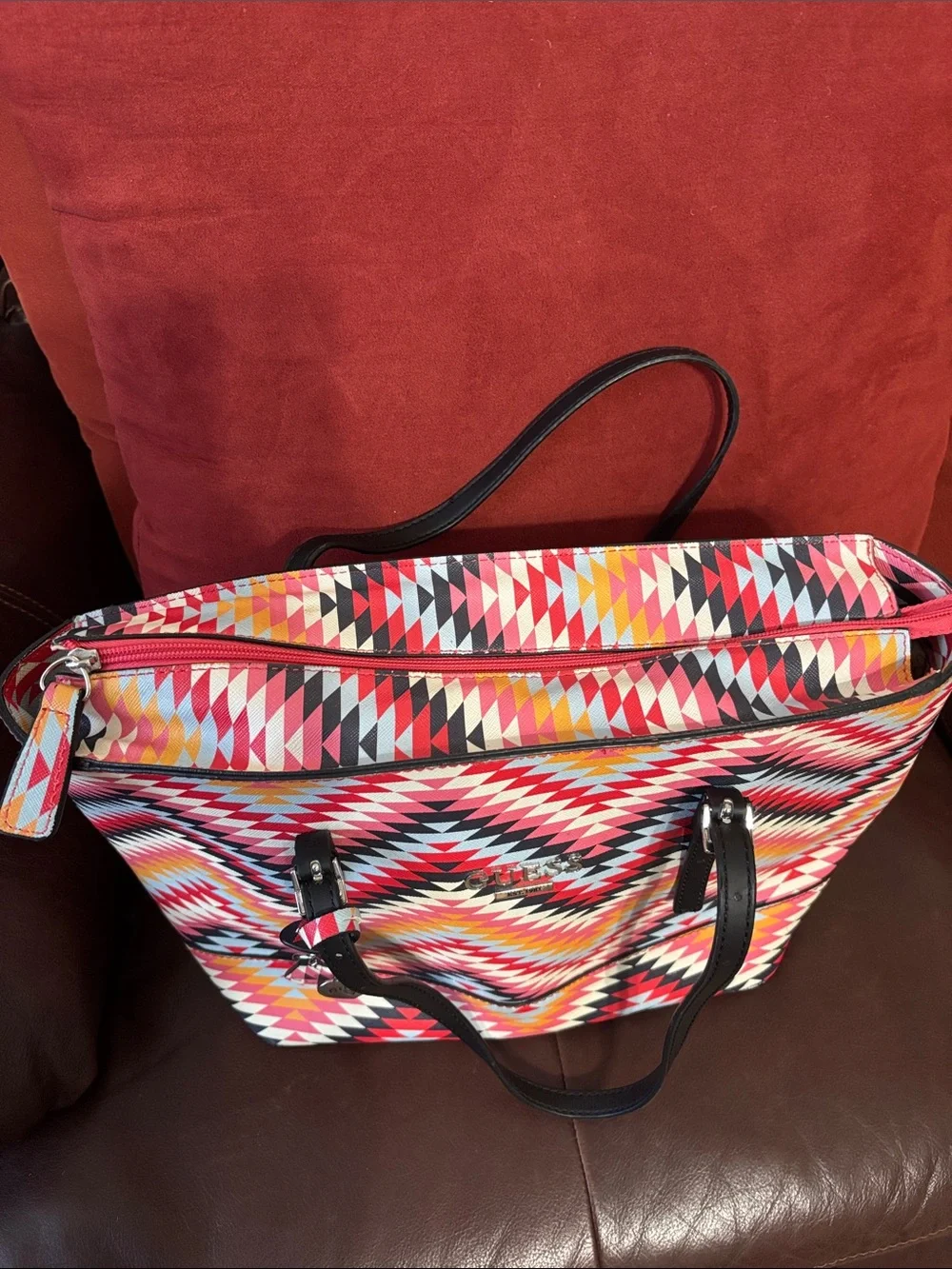 GUESS Geometric Print Tote in Pink, Black & Yellow