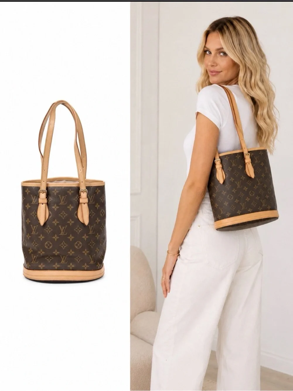 Louis Vuitton Brown Monogram Canvas Bucket Shoulder Bag with Tan Trim